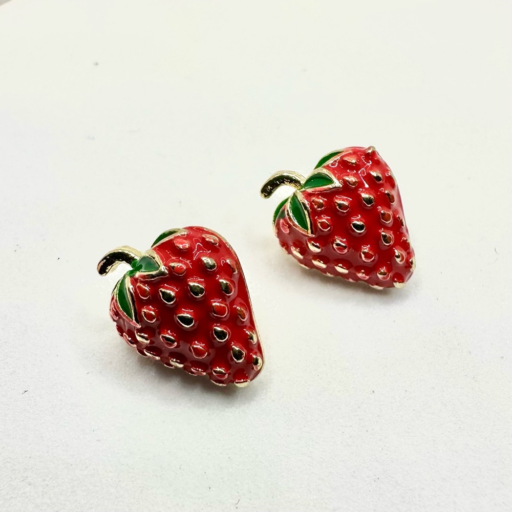 NWOT - Charming Red Enamel Strawberry Earrings
